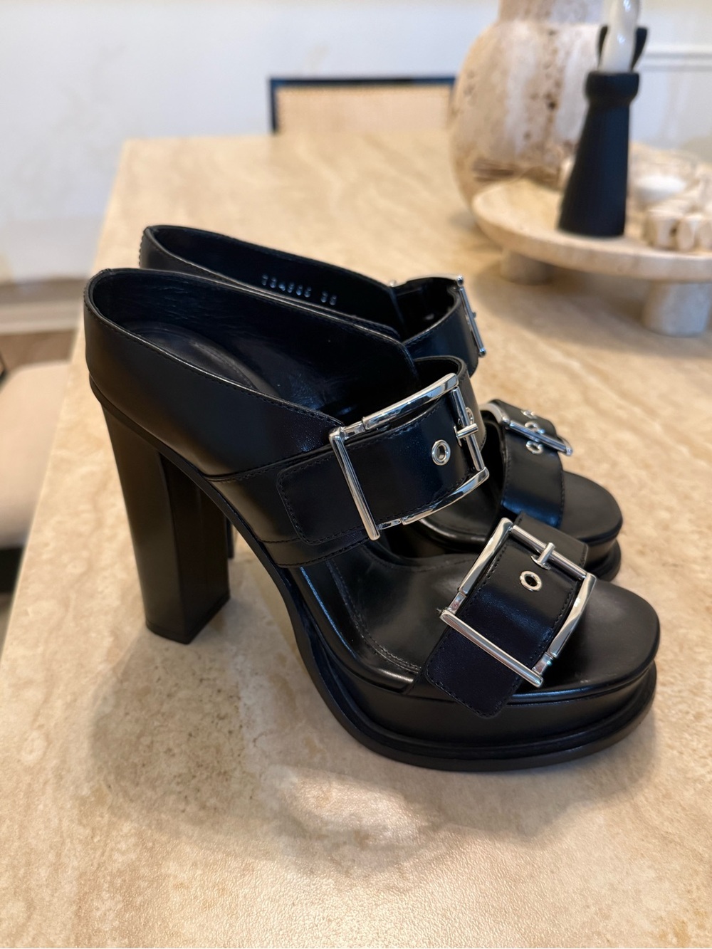 Alexander McQueen Black Leather Platform Buckle Heels